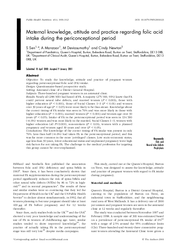 (PDF) Maternal knowledge, attitude and practice regarding folic acid ...