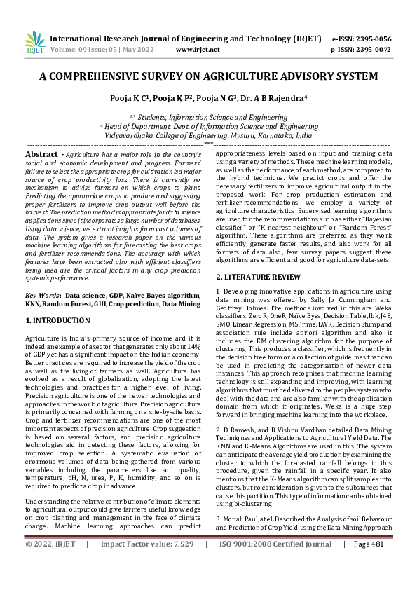 (PDF) A COMPREHENSIVE SURVEY ON AGRICULTURE ADVISORY SYSTEM