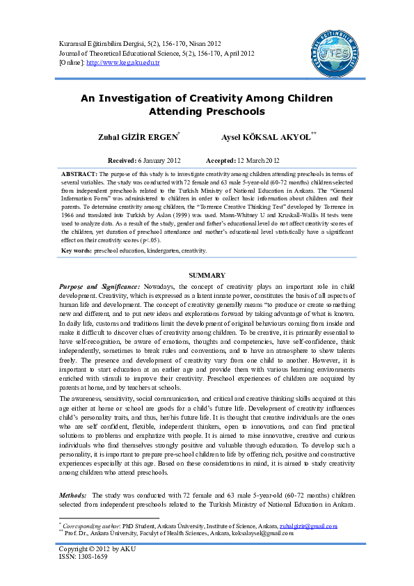 (PDF) An Investigation of Creativity Among Children Attending Preschools