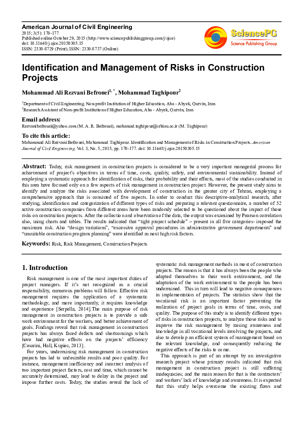(PDF) Identification and Management of Risks in Construction Projects