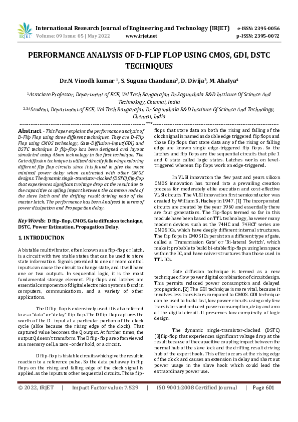 (PDF) PERFORMANCE ANALYSIS OF D-FLIP FLOP USING CMOS, GDI, DSTC TECHNIQUES