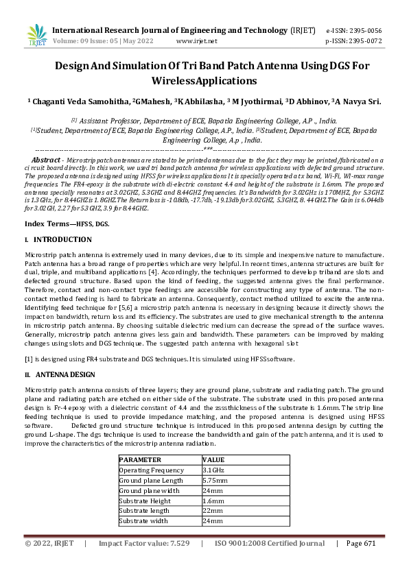 (PDF) Design And Simulation Of Tri Band Patch Antenna Using DGS For ...