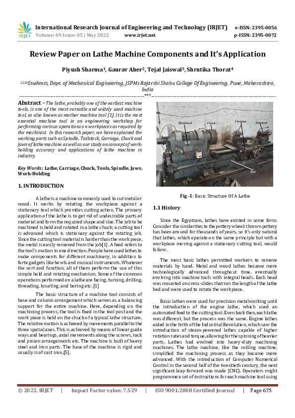(PDF) Review Paper on Lathe Machine Components and It's Application