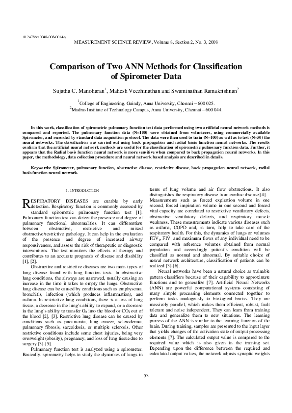 (PDF) Comparison of Two ANN Methods for Classification of Spirometer Data