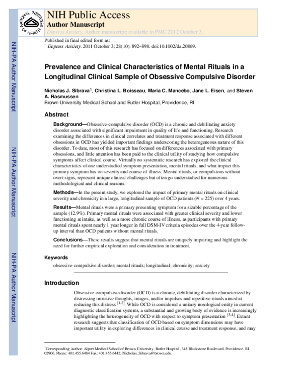 (PDF) Prevalence and clinical characteristics of mental rituals in a ...