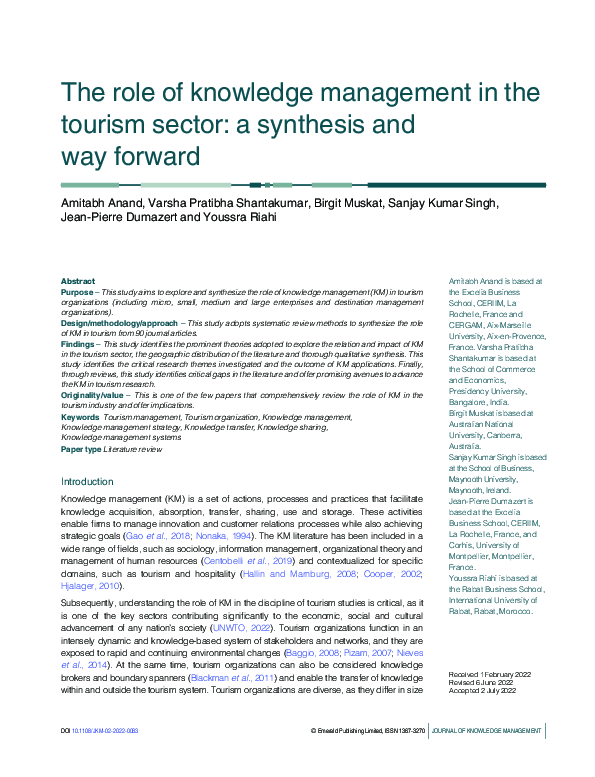 (PDF) The role of knowledge management in the tourism sector: a ...