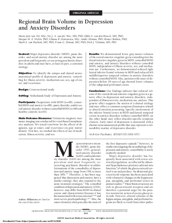 (PDF) Regional Brain Volume in Depression and Anxiety Disorders