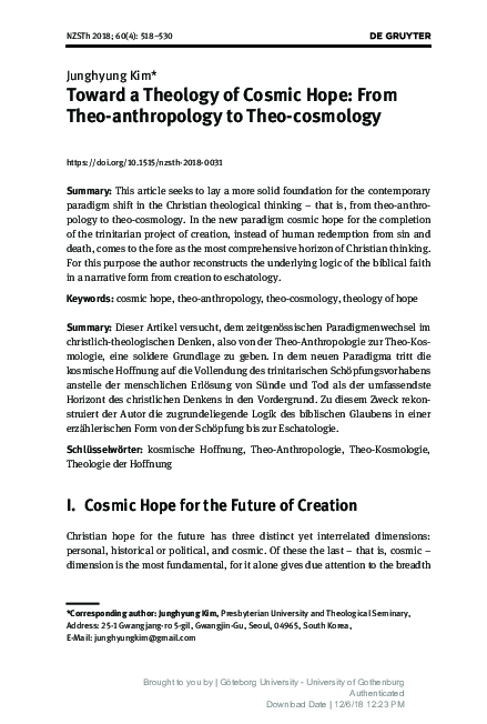 (PDF) Toward a Theology of Cosmic Hope: From Theo-anthropology to Theo ...