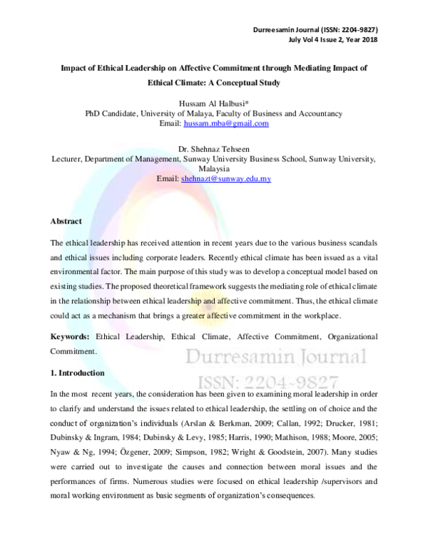 (PDF) Impact of ethical leadership on affective commitment through ...