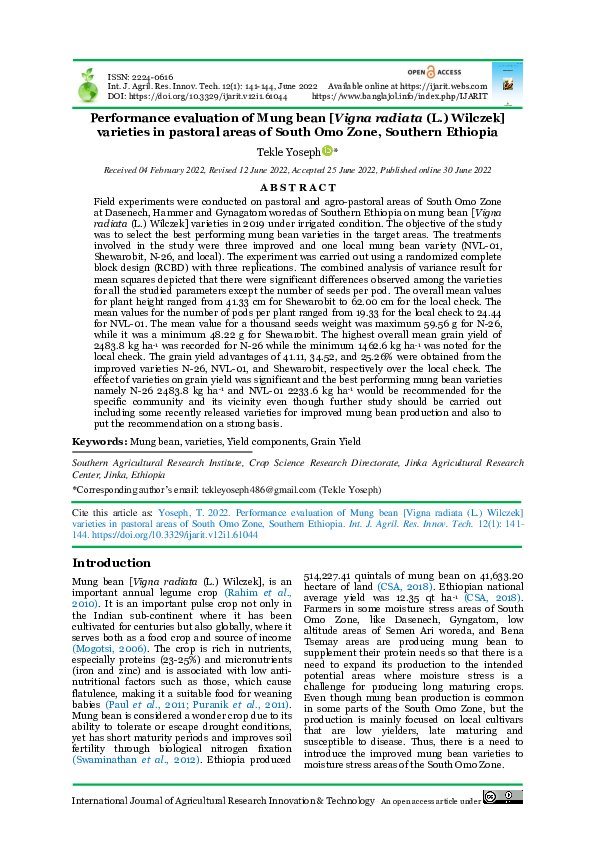 (PDF) Performance evaluation of Mung bean [Vigna radiata (L.) Wilczek ...