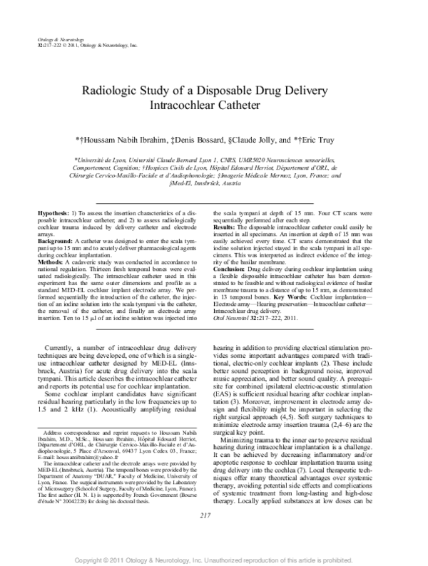 (PDF) Radiologic Study of a Disposable Drug Delivery Intracochlear Catheter