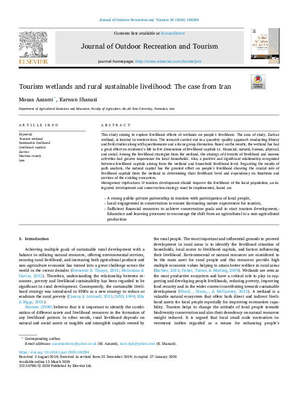 (PDF) Tourism wetlands and rural sustainable livelihood: The case from Iran