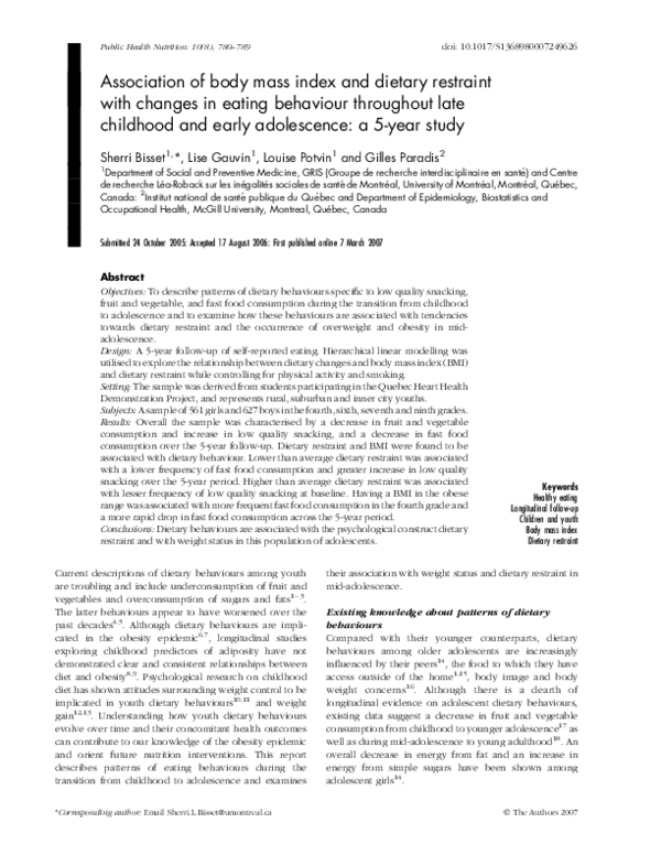 (PDF) Association of body mass index and dietary restraint with changes ...