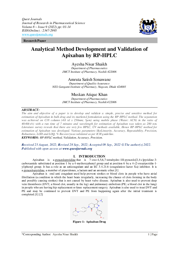  pdf analytical method development and validation of apixaban by rp hplc