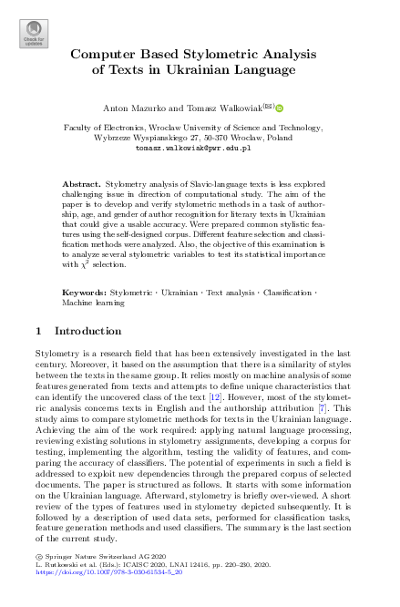 (PDF) Computer Based Stylometric Analysis of Texts in Ukrainian Language