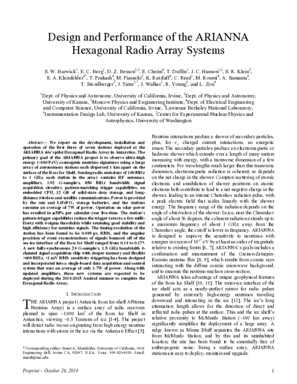 (PDF) Design and Performance of the ARIANNA Hexagonal Radio Array ...