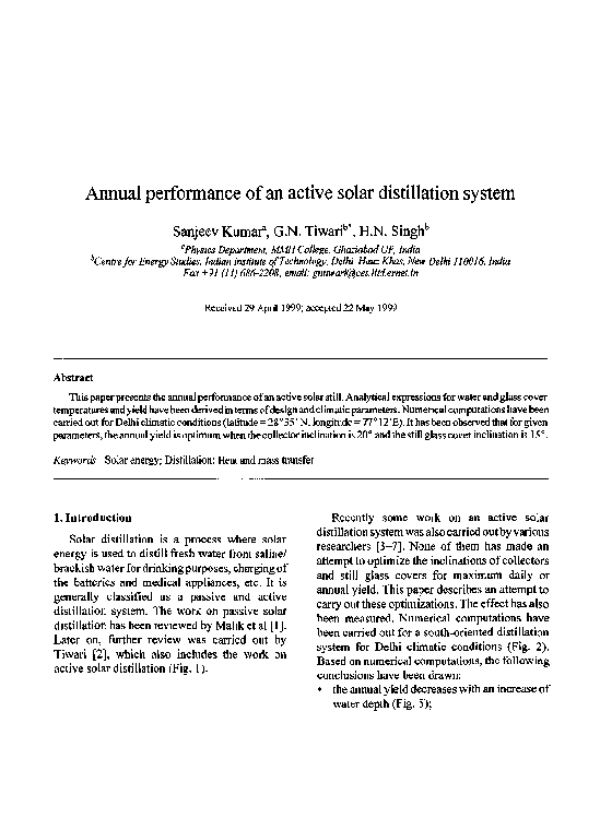 (PDF) Annual performance of an active solar distillation system