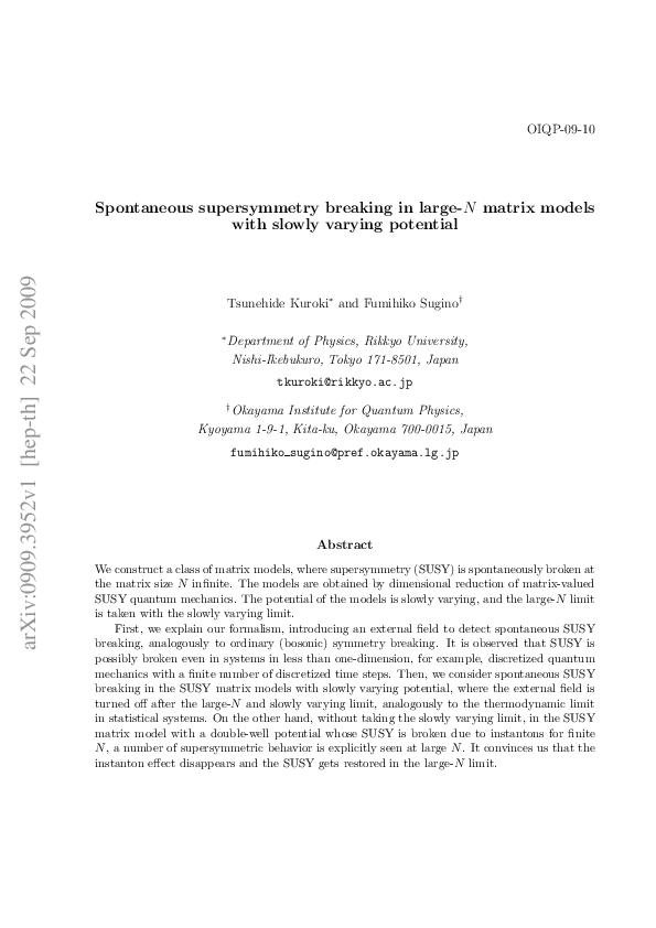 (PDF) Spontaneous supersymmetry breaking in large-N matrix models with ...
