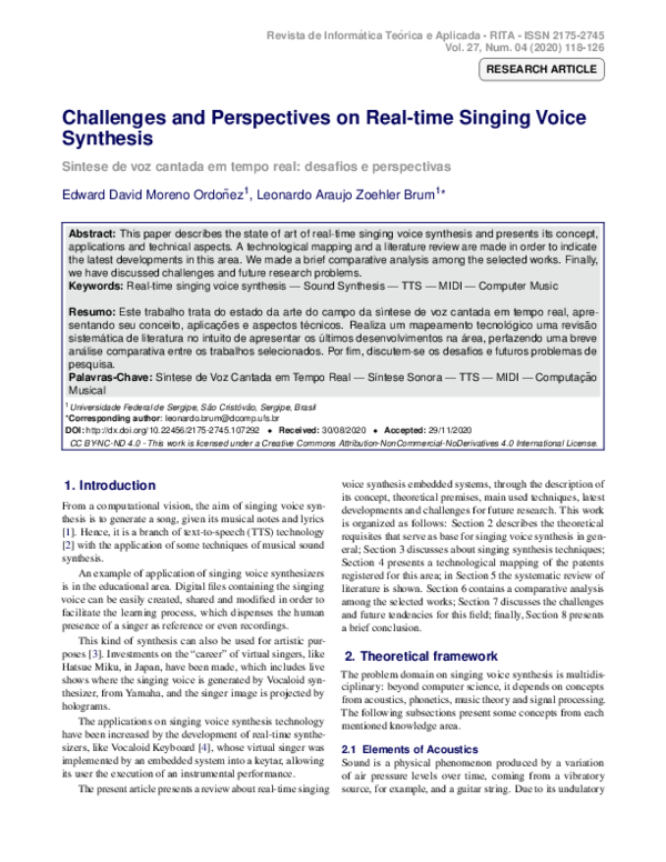 (PDF) Challenges and Perspectives on Real-time Singing Voice Synthesis