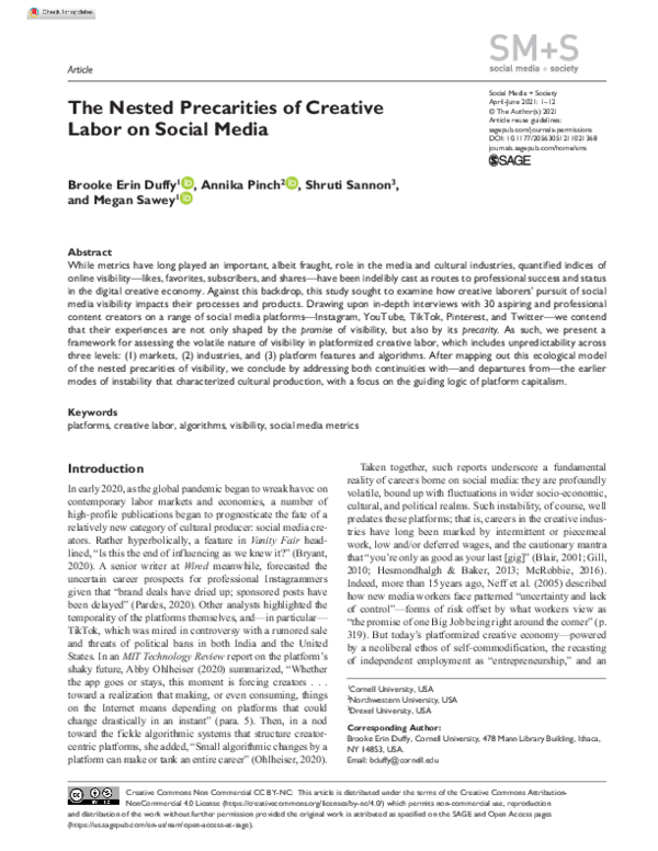 (PDF) The Nested Precarities of Creative Labor on Social Media