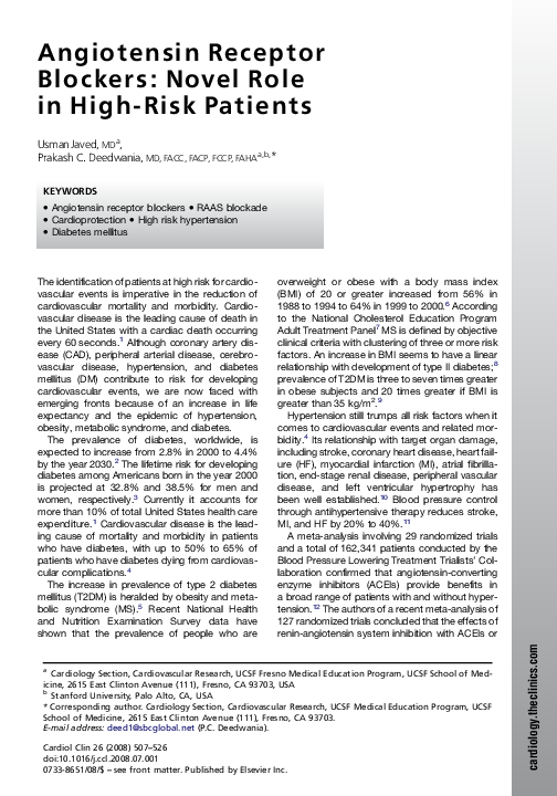(PDF) Angiotensin Receptor Blockers: Novel Role in High-Risk Patients