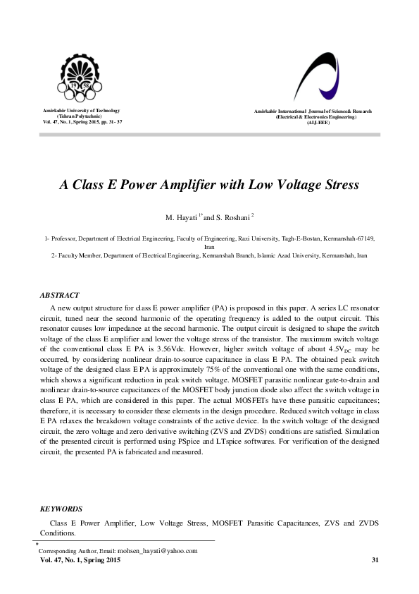 (PDF) A Class e Power Amplifier with Low Voltage Stress