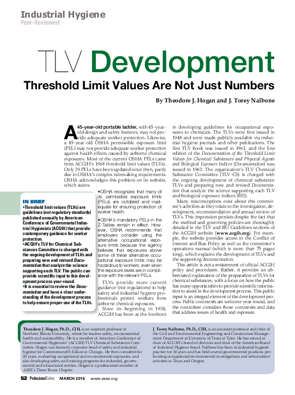 (PDF) TLV Development: Threshold Limit Values Are Not Just Numbers ...