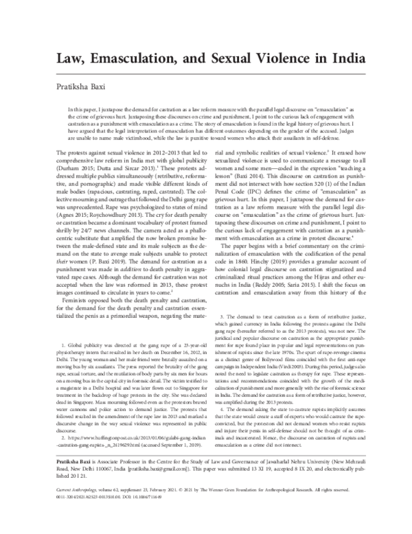 (PDF) Law, Emasculation, and Sexual Violence in India