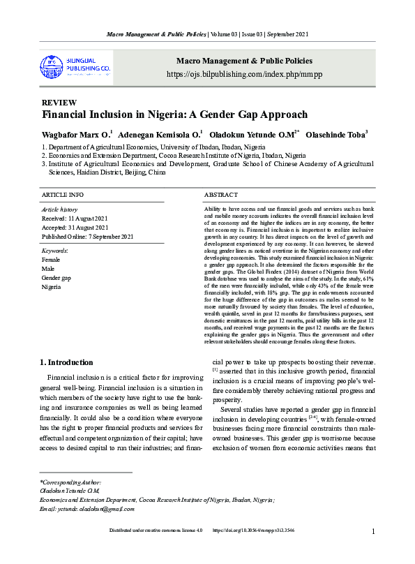 (PDF) Financial Inclusion in Nigeria: A Gender Gap Approach