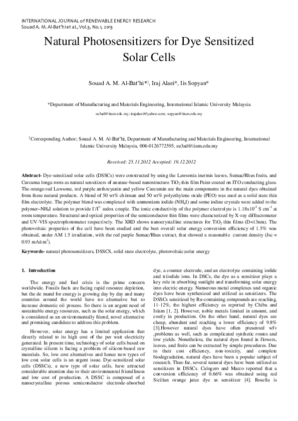 (PDF) Natural Photosensitizers for Dye Sensitized Solar Cells | Iraj ...