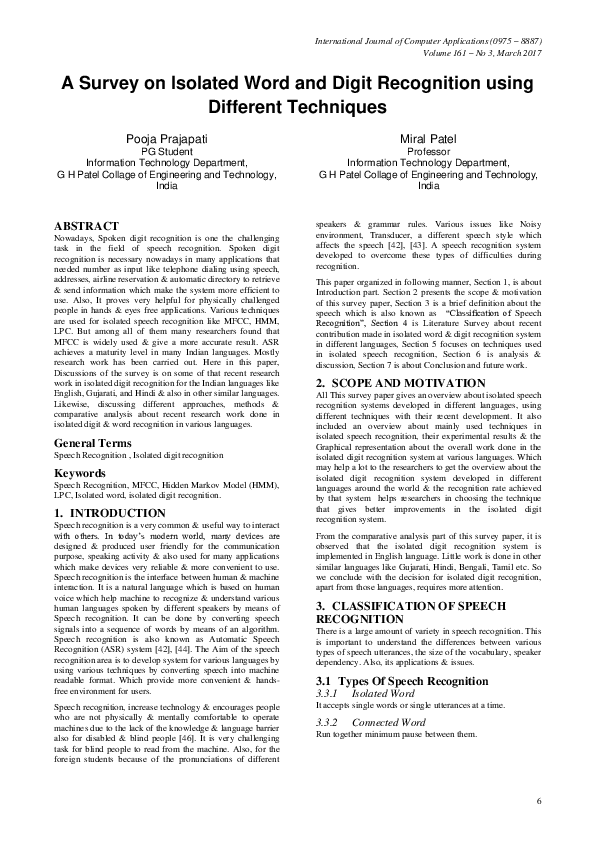 (PDF) A Survey on Isolated Word and Digit Recognition using Different ...