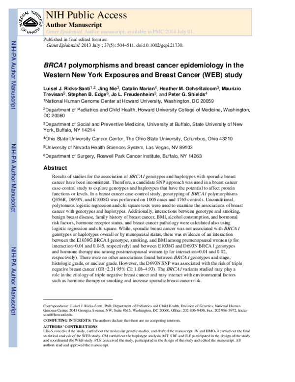 (PDF) BRCA1 SNPs and Their Role in Breast Cancer