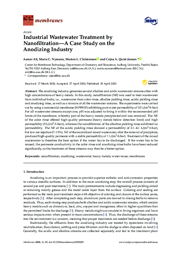 (PDF) Industrial Wastewater Treatment by Nanofiltration—A Case Study on ...