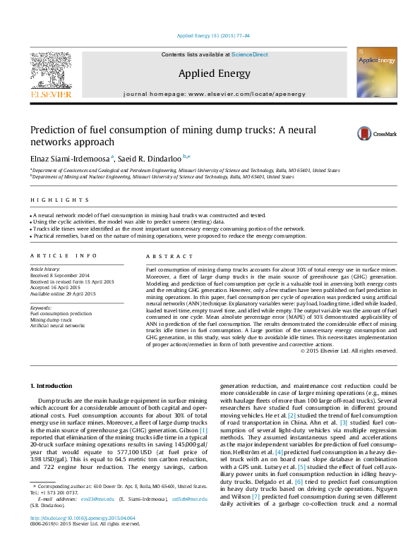 (PDF) Prediction of fuel consumption of mining dump trucks: A neural ...
