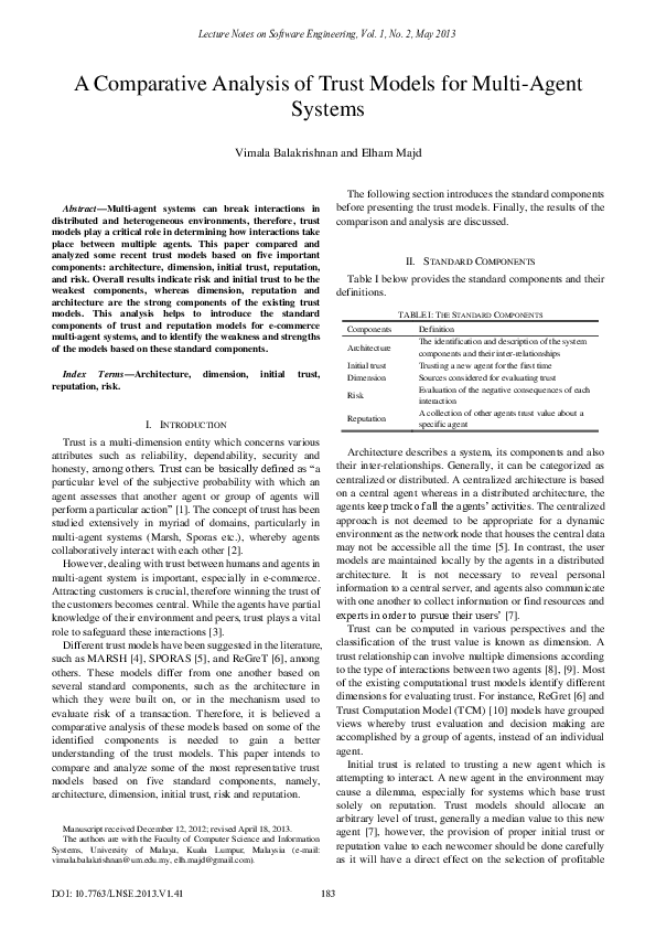 (PDF) A Comparative Analysis of Trust Models for Multi-Agent Systems
