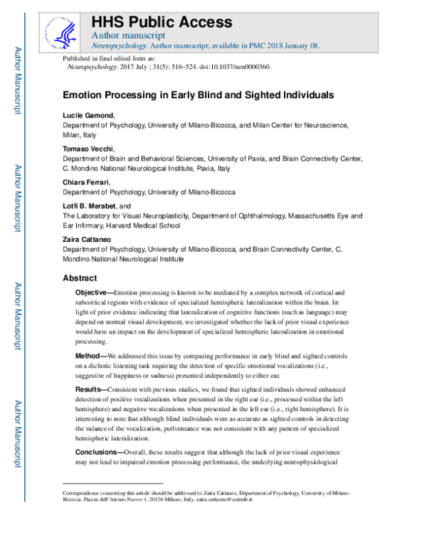 (PDF) Emotion processing in early blind and sighted individuals