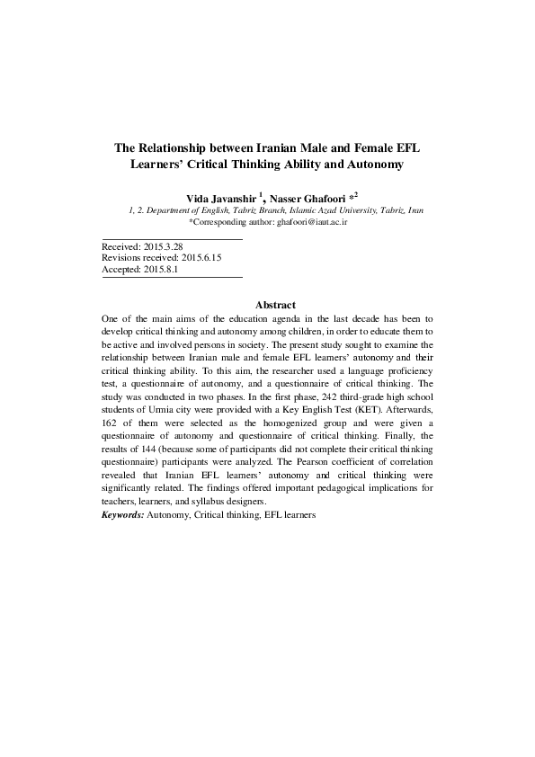 (PDF) The Relationship between Iranian Male and Female EFL Learners ...