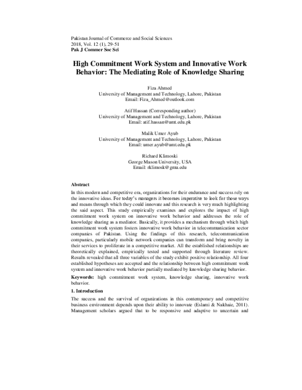 (PDF) High Commitment Work System and Innovative Work Behavior: The ...