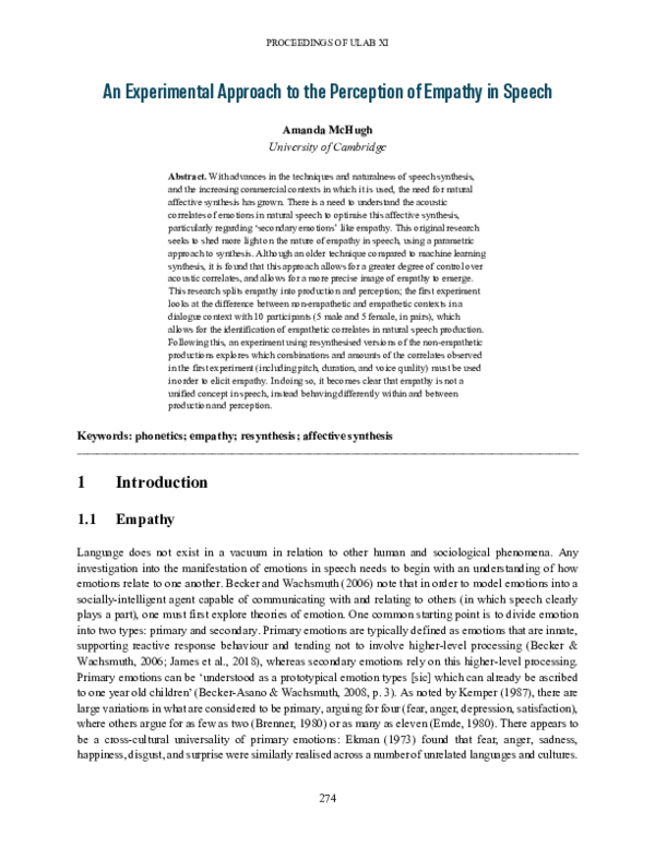 (PDF) An Experimental Approach to the Perception of Empathy in Speech