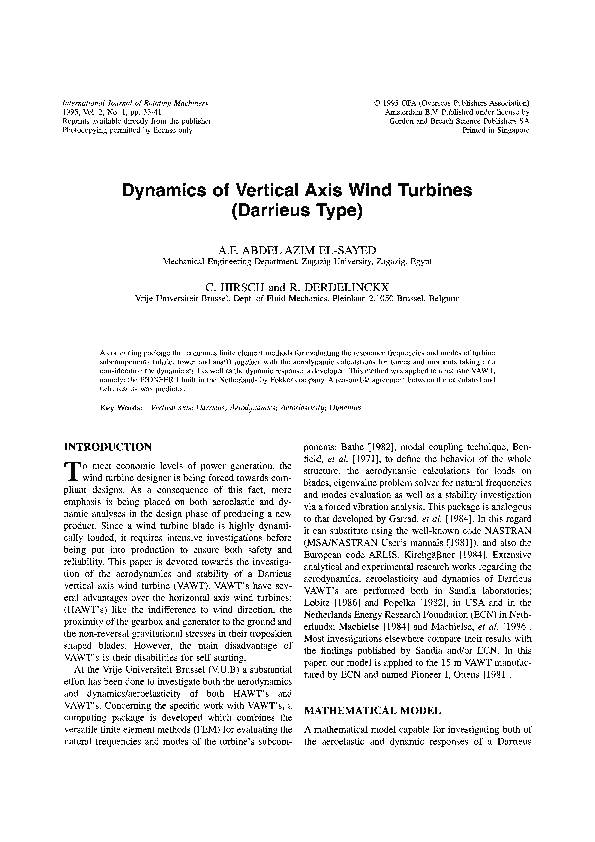 (PDF) Dynamics of Vertical Axis Wind Turbines (Darrieus Type)