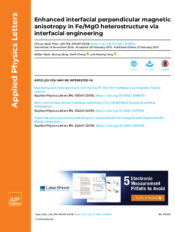 (PDF) Enhanced interfacial perpendicular magnetic anisotropy in Fe/MgO ...