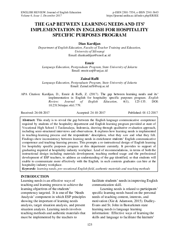 (PDF) The Gap Between Learning Needs and Its Implementation in English ...