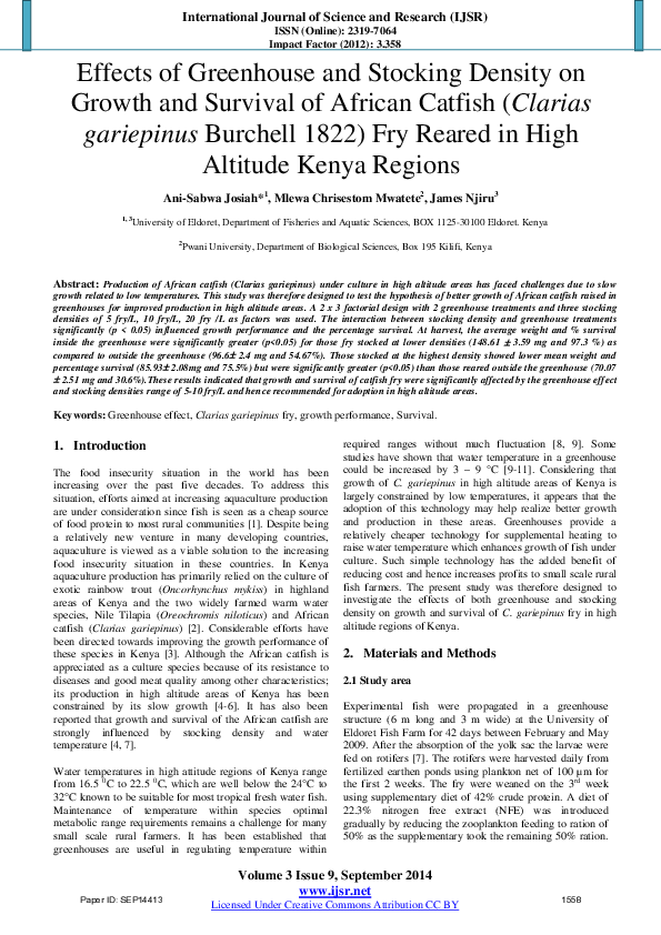 (PDF) Effects of Greenhouse and Stocking Density on Growth and Survival ...