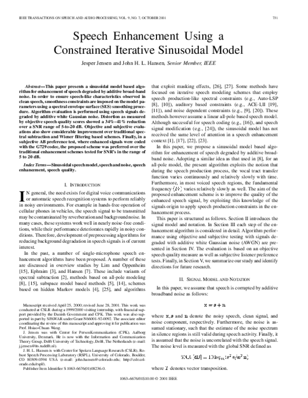 (PDF) Speech enhancement using a constrained iterative sinusoidal model
