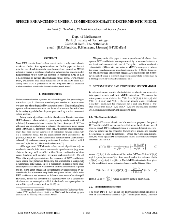 (PDF) Speech Enhancement Under a Combined Stochastic-Deterministic Model