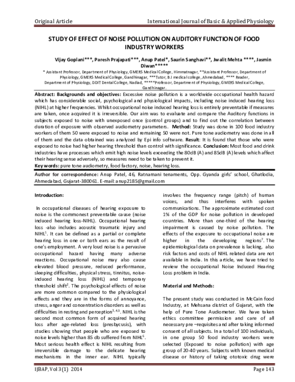 (PDF) Study of Effect of Noise Pollution on Auditory Function of Food ...