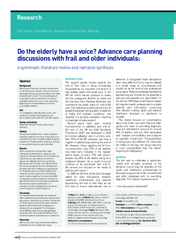 (PDF) Do the elderly have a voice? Advance care planning discussions ...