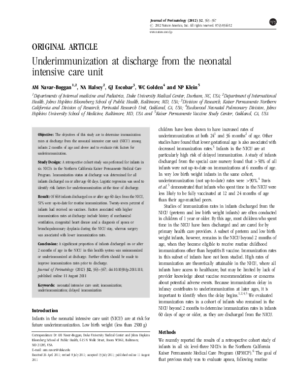 (PDF) Underimmunization at discharge from the neonatal intensive care unit