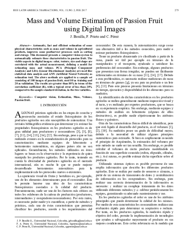 (PDF) Mass and Volume Estimation of Passion Fruit using Digital Images
