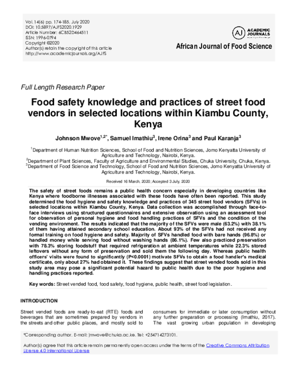 (PDF) Food safety knowledge and practices of street food vendors in
